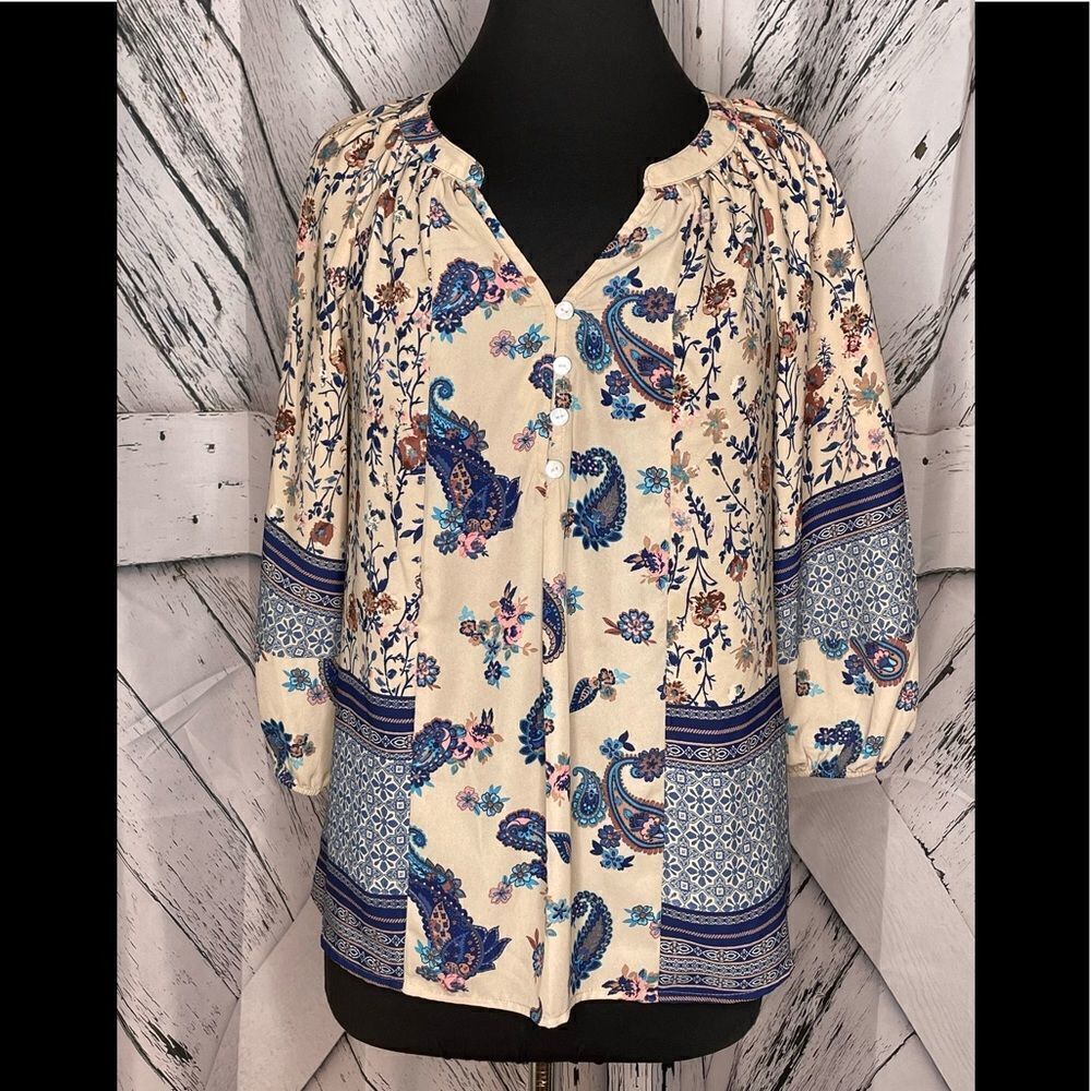 FIGUERCA & FLOWER Cream Blue Floral Top Small